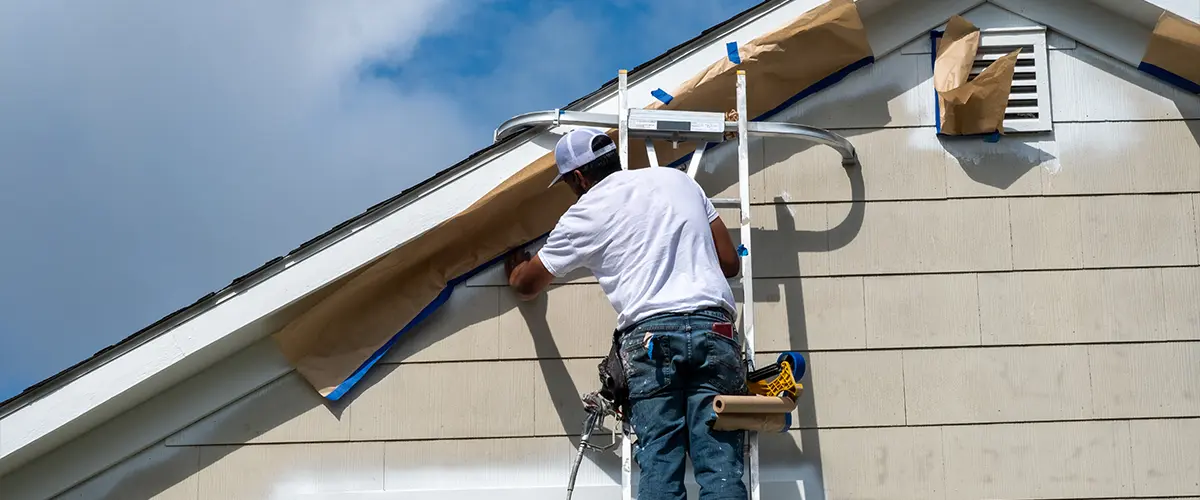 Painter on a ladder masking off trim at the peak of a house before spraying paint