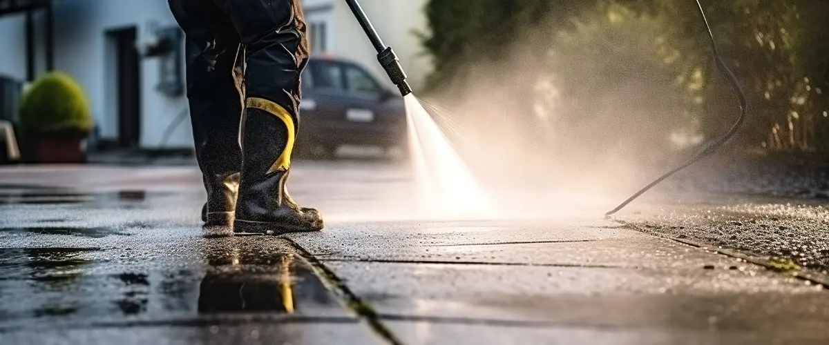 Pressure washing patio tiles for deep cleaning