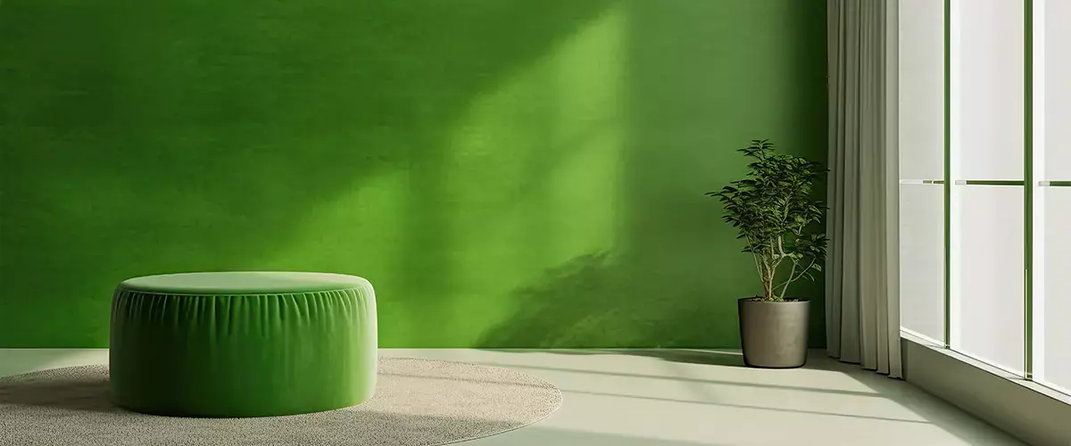 Minimalist green living room with matching ottoman, potted plant, and natural light from large window