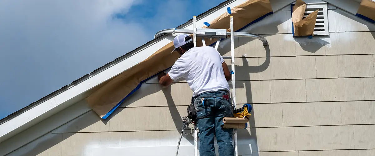 Worker on ladder working on exterior painting in Franklin, on house gable, preparing with masking paper and tape.