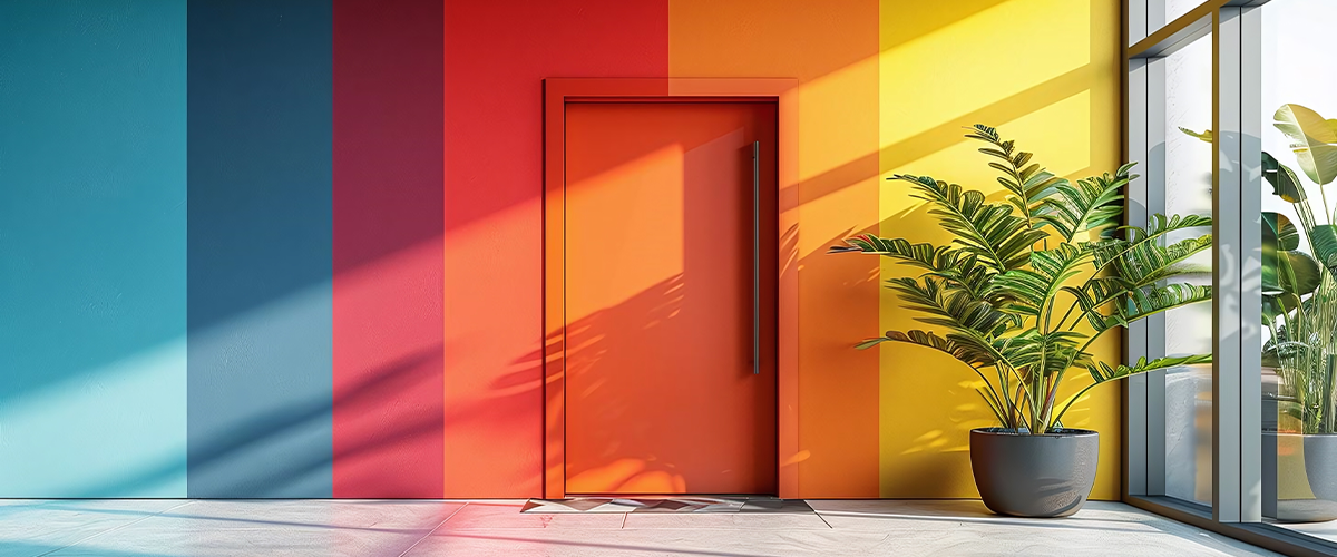 Vibrant multi-colored accent wall with orange door and indoor plant in bright sunlight.