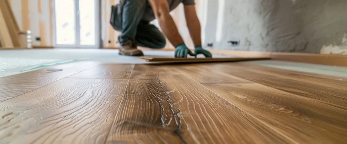 close-up of a worker installing wooden flooring with green gloves, aligning planks carefully