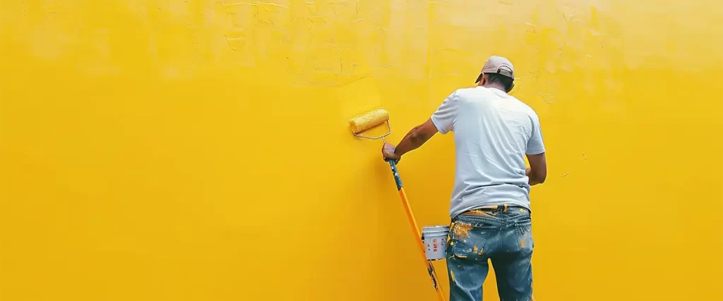Painter using roller to apply bright yellow paint on wall