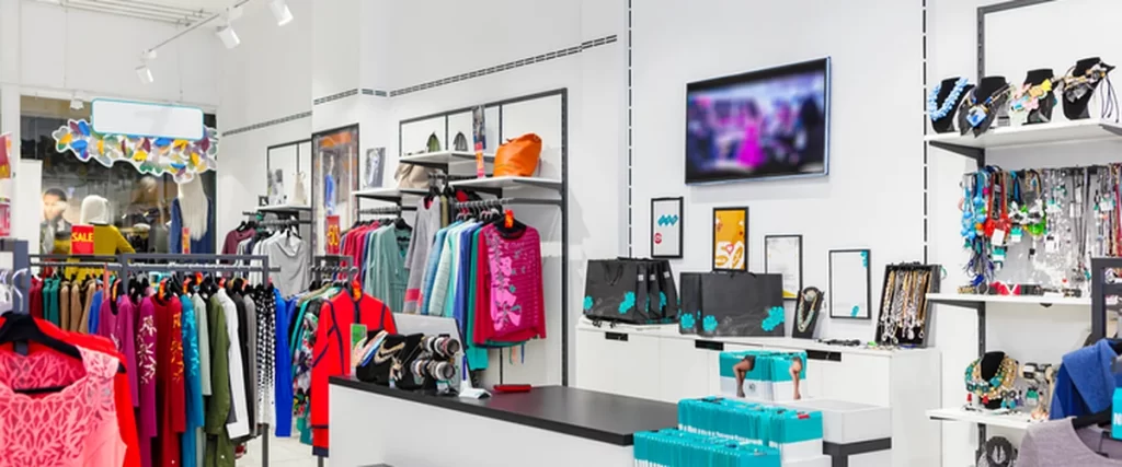 commercial painting upscale retail store interior with vibrant clothing displays modern lighting and accessories

