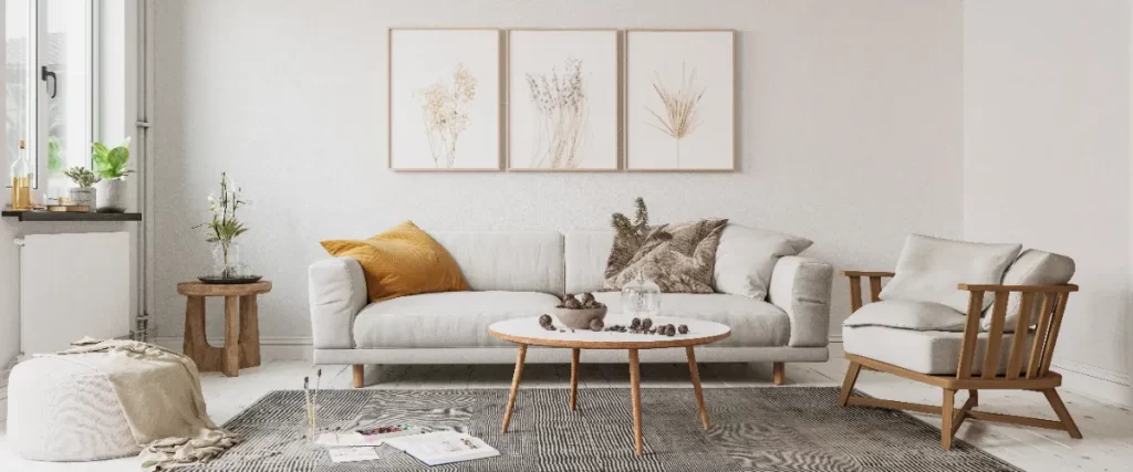 a minimalist living room with a neutral color palette