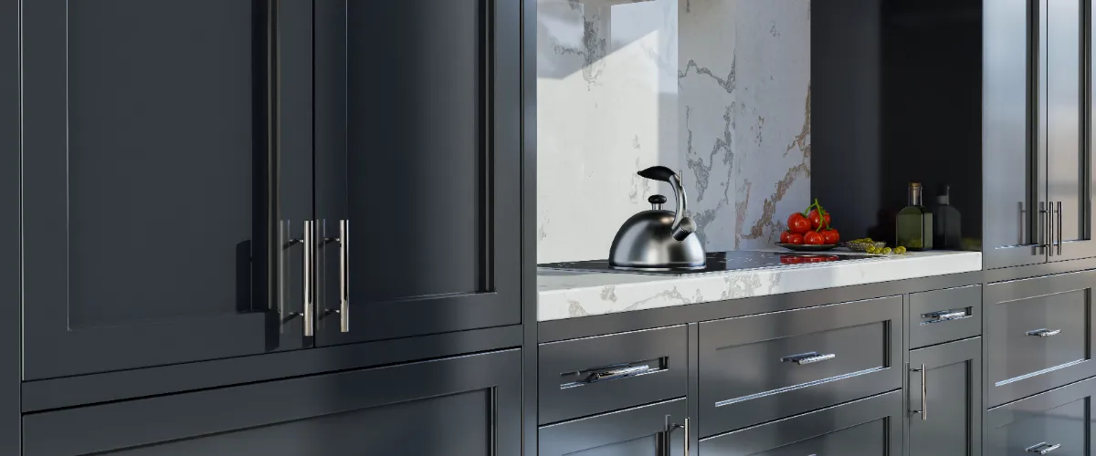 a modern kitchen featuring dark, likely black or charcoal, shaker-style cabinets