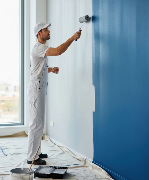 A skilled contractor in white overalls paints a blue accent wall for a commercial painting client in Fairview, TN.