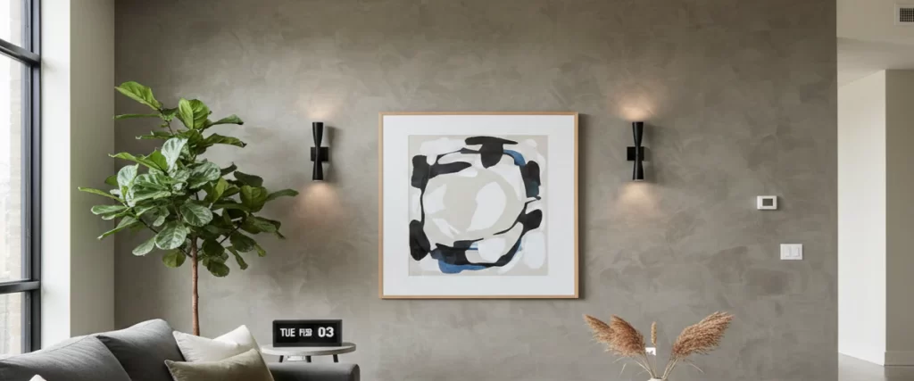 A sophisticated living space featuring a textured greige accent wall adorned with a square abstract art piece and two black modern wall sconces.
