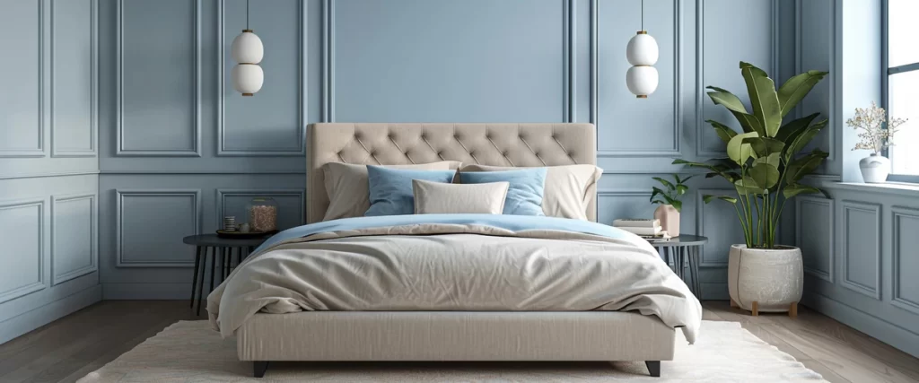 A peaceful master bedroom featuring classic wall molding painted in soft blue, a beige tufted bedframe, and symmetrical white pendant lights.