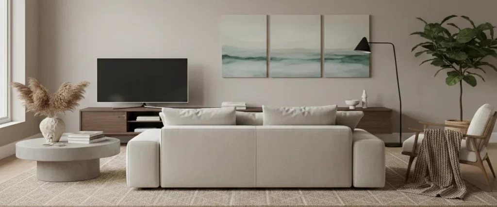 A spacious and airy living room designed with pale taupe walls, a large off-white sectional sofa, triptych landscape art, and a dark wood media console.