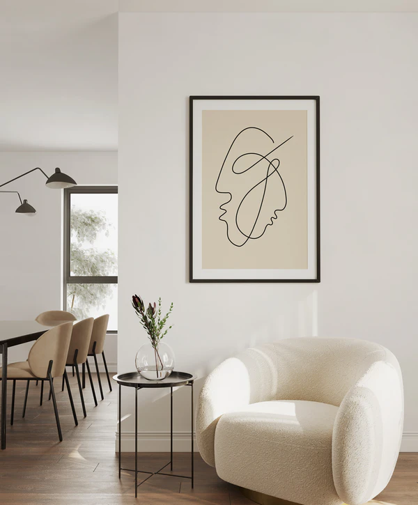 Minimalist line art in a modern living room with neutral decor by professional house painters in Pegram, TN.