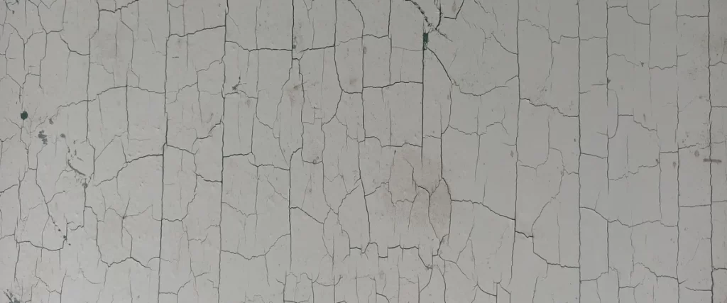 A weathered wall exhibiting severe paint alligatoring with a distinct pattern of deep rectangular cracks resembling reptile skin.