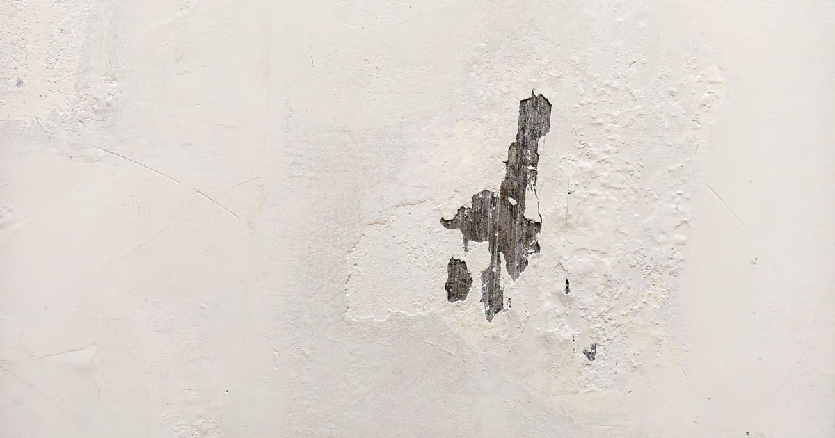 A close-up view of a white interior wall showing a large patch of peeling and cracking paint that has exposed the underlying surface.
