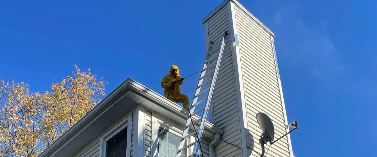 Man using ladder to work on exterior paint